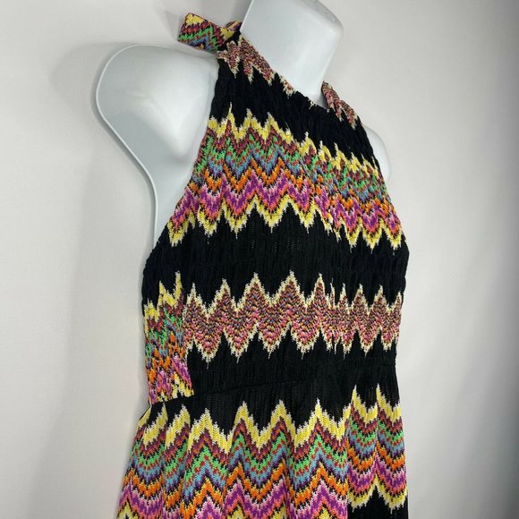 Vintage 70s Leslie J Maxi Halter Dress Size S Black Rainbow Knit Flame Stitch - Picture 4 of 9
